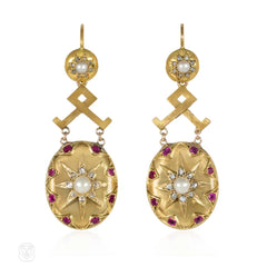 Antique ruby, pearl and diamond pendant earrings