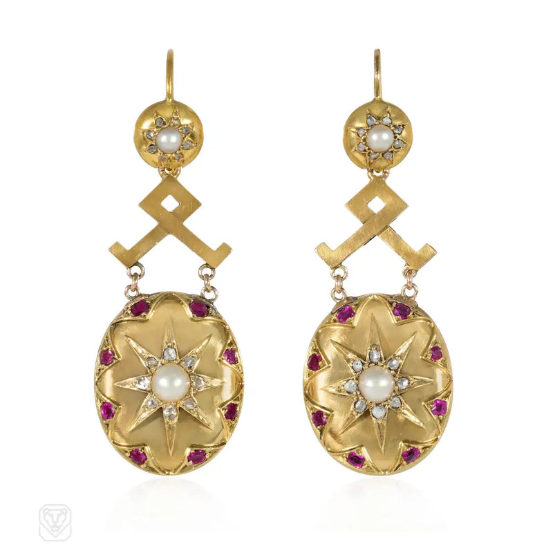 Antique Ruby Pearl And Diamond Pendant Earrings