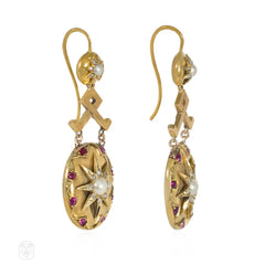 Antique ruby, pearl and diamond pendant earrings