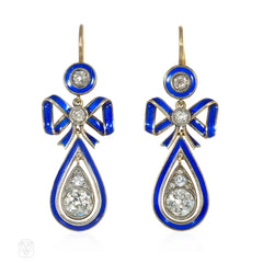 Antique Russian diamond and enamel bow earrings