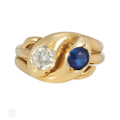 Antique sapphire, diamond, and gold entwined snake ring