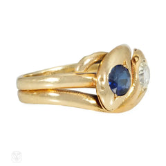 Antique sapphire, diamond, and gold entwined snake ring