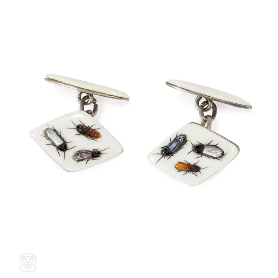 Antique Shibayama And Silver Insect Motif Cufflinks Japan