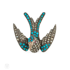 Antique silver, turquoise, and pearl swallow pin