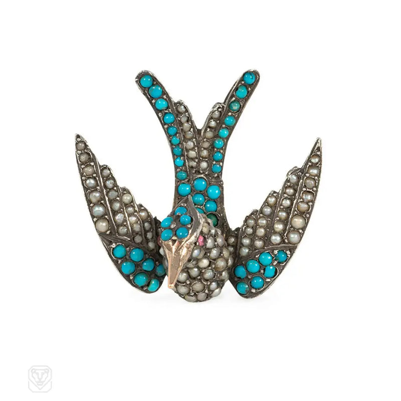 Antique Silver Turquoise And Pearl Swallow Pin