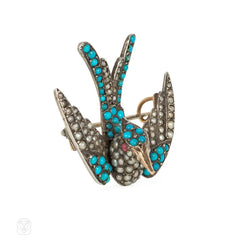 Antique silver, turquoise, and pearl swallow pin