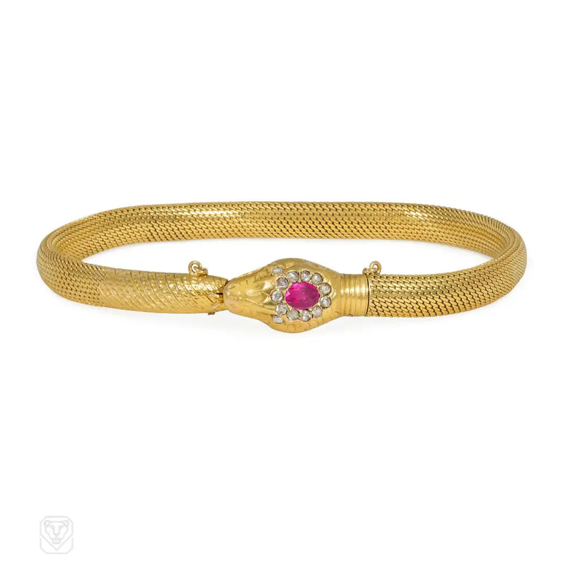 Antique Swedish Ruby And Diamond Snake Bracelet