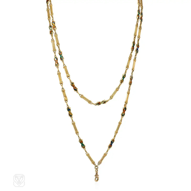 Antique Swiss enamel double-sided long chain with swivel