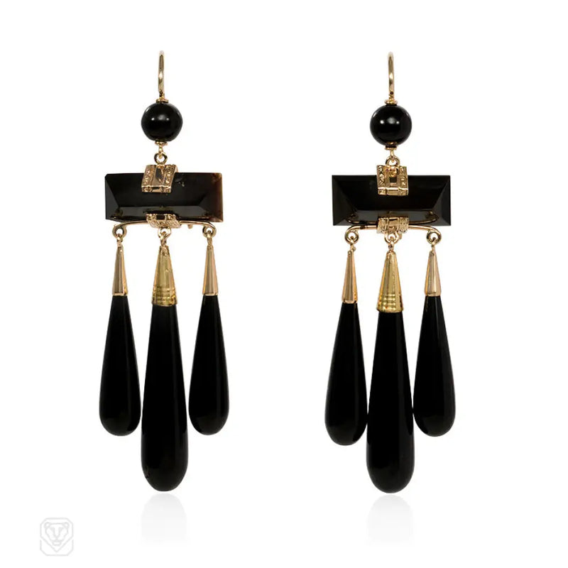 Antique Teardrop Onyx And Gold Pendant Earrings