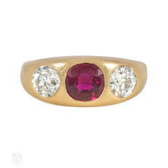 Antique Thai ruby and diamond three stone ring