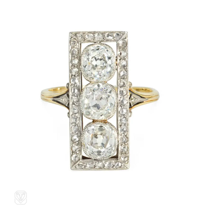 Antique Three-Stone Diamond Platinum And Gold Plaque Ring