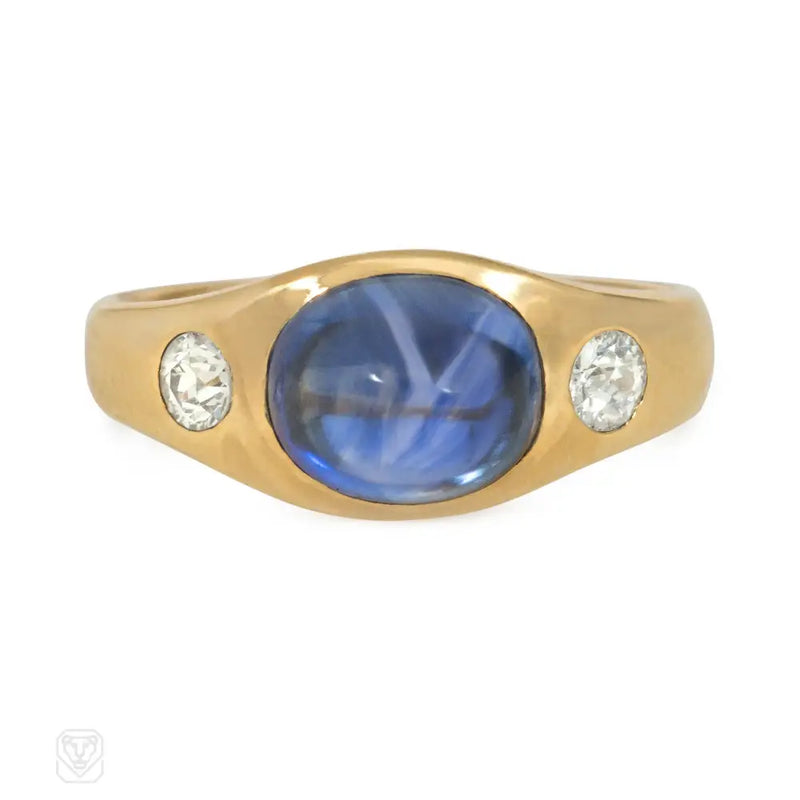 Antique Three - Stone Sapphire And Diamond Flush - Set Ring