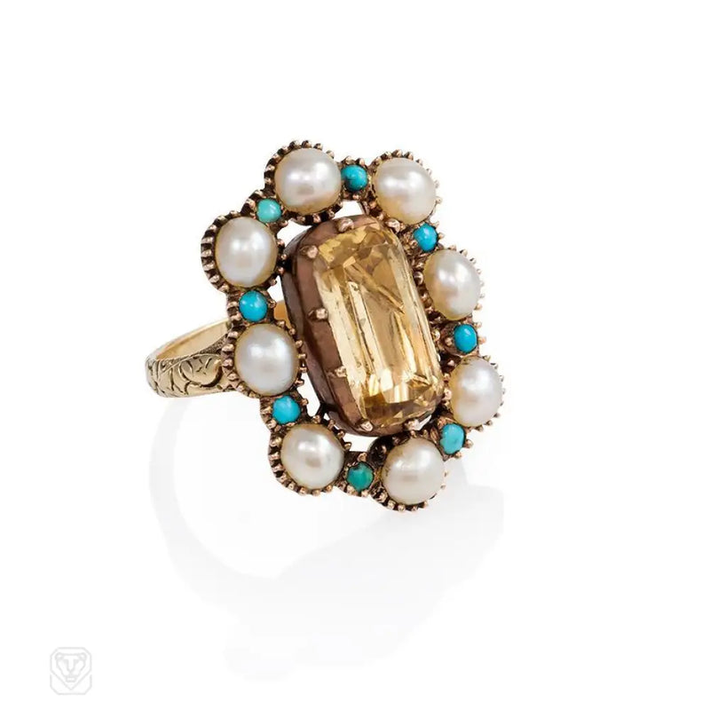 Antique Topaz Pearl And Turquoise Ring