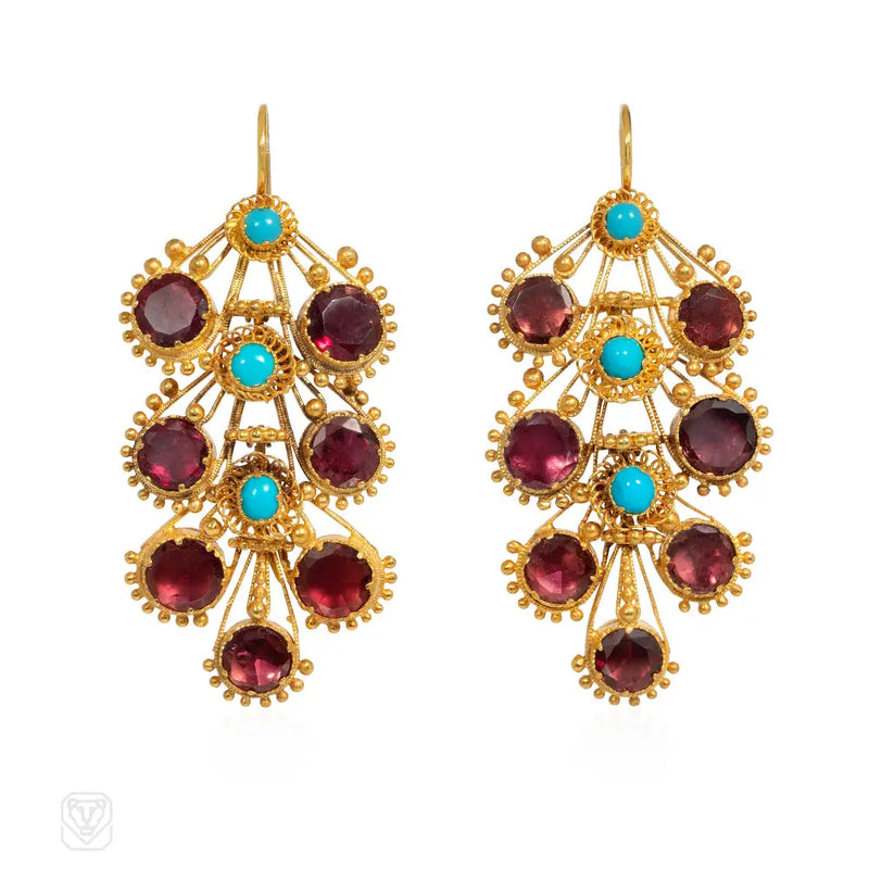Antique turquoise and garnet spray earrings
