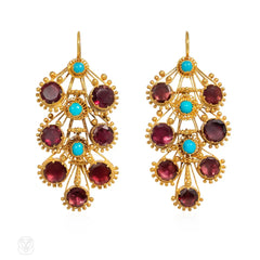 Antique turquoise and garnet spray earrings