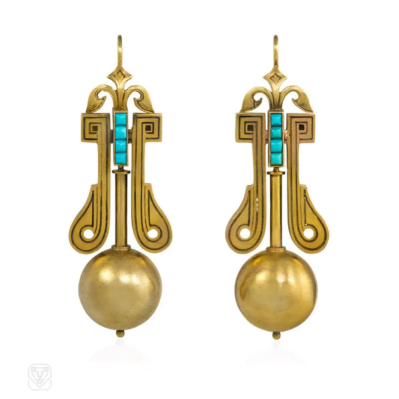 Antique Turquoise And Gold Bead Earrings