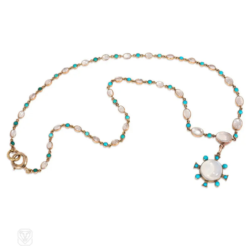 Antique Turquoise And Moonstone Necklace