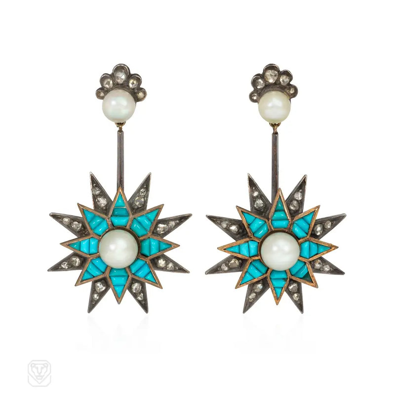 Antique Turquoise Pearl And Diamond Pendant Star Earrings