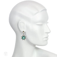 Antique turquoise, pearl, and diamond pendant star earrings