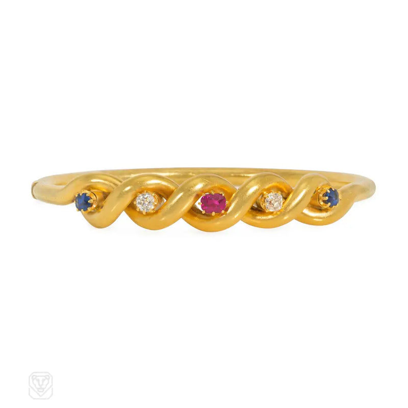 Antique twisted gemset gold bangle