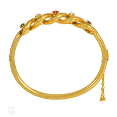 Antique twisted gemset gold bangle