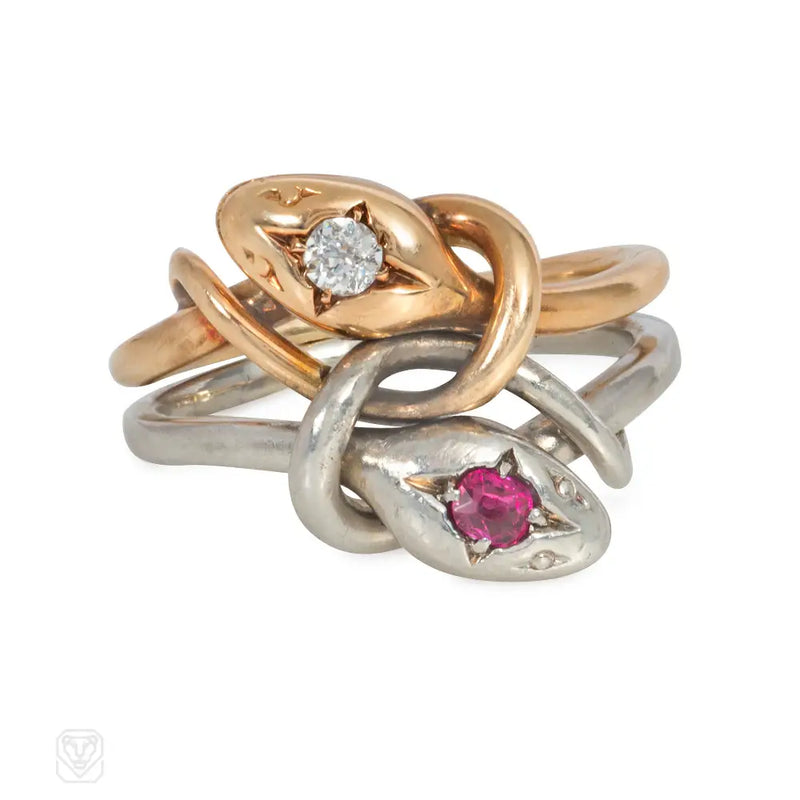 Antique Two - Color Ruby And Diamond Double Snake Ring