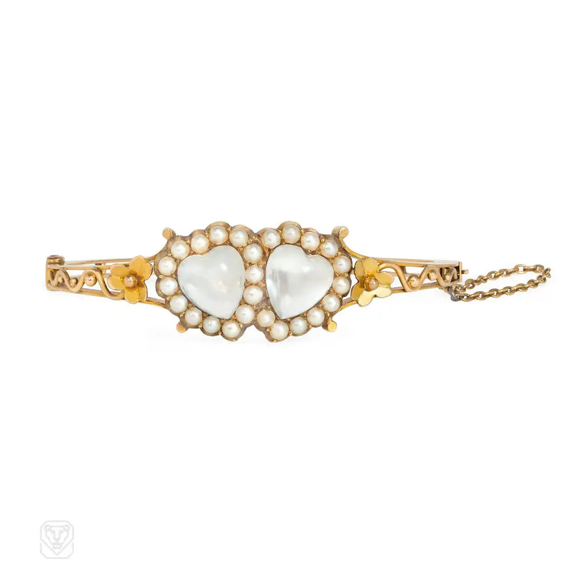Antique Two Hearts Moonstone And Pearl Bracelet
