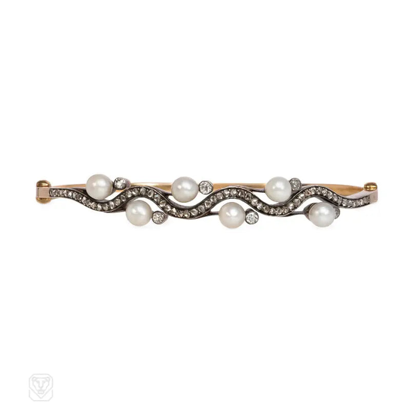 Antique Undulating Pearl And Diamond Bangle