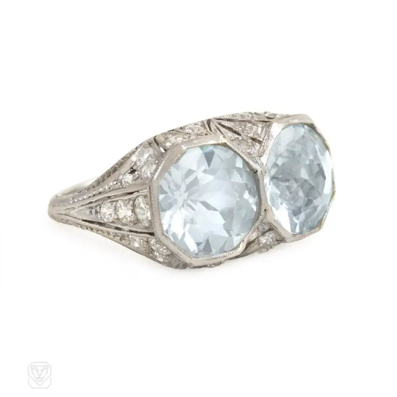 Art Deco Aquamarine And Platinum Headlight Ring