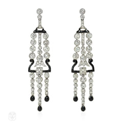 Art Deco black enamel and diamond fringe earrings