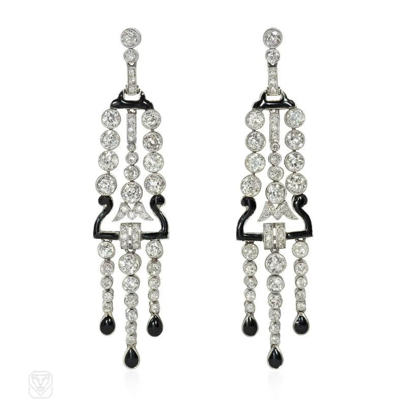 Art Deco Black Enamel And Diamond Fringe Earrings