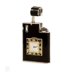 Art Deco black enamel lighter with timepiece, Cartier