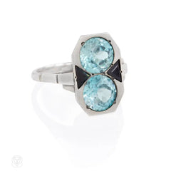 Art Deco blue zircon and onyx ring