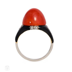 Art Deco cabochon coral and enamel ring
