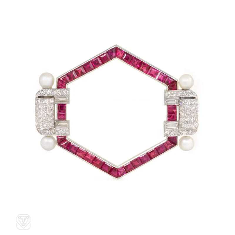 Art Deco Calibré Ruby Diamond And Pearl Brooch