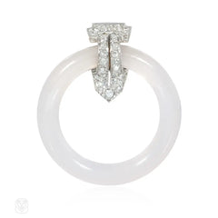 Art Deco Cartier diamond and chalcedony disc clip brooch
