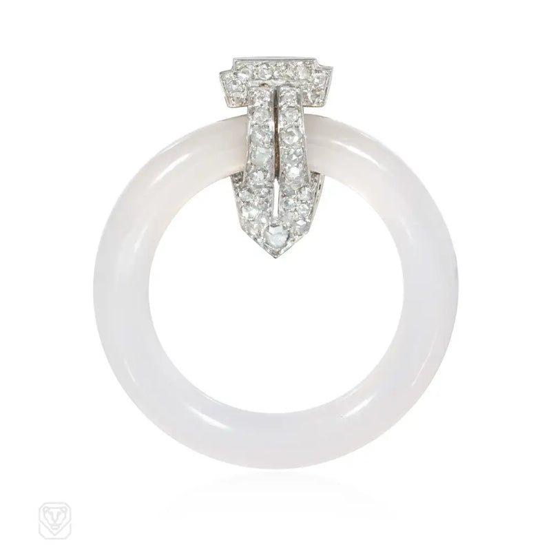 Art Deco Cartier diamond and chalcedony disc clip brooch