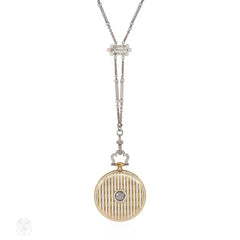 Art Deco Cartier gold and white enamel watch pendant with platinum and pearl chain