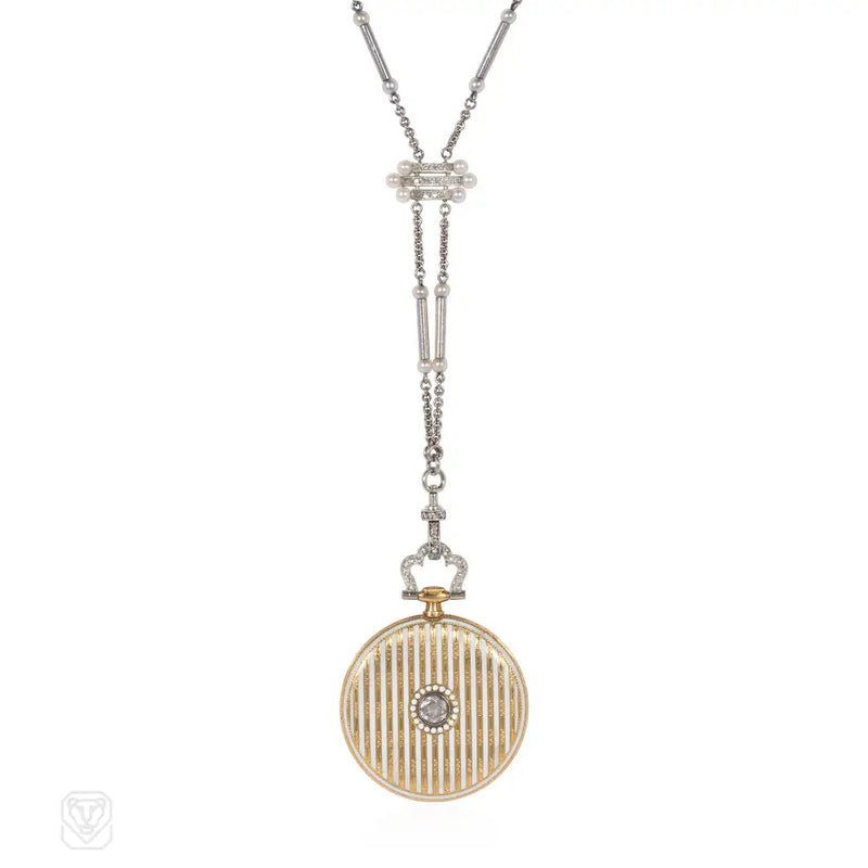 Art Deco Cartier Gold And White Enamel Watch Pendant With Platinum Pearl Chain