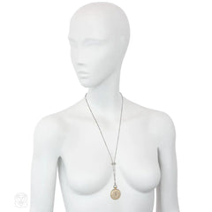 Art Deco Cartier gold and white enamel watch pendant with platinum and pearl chain