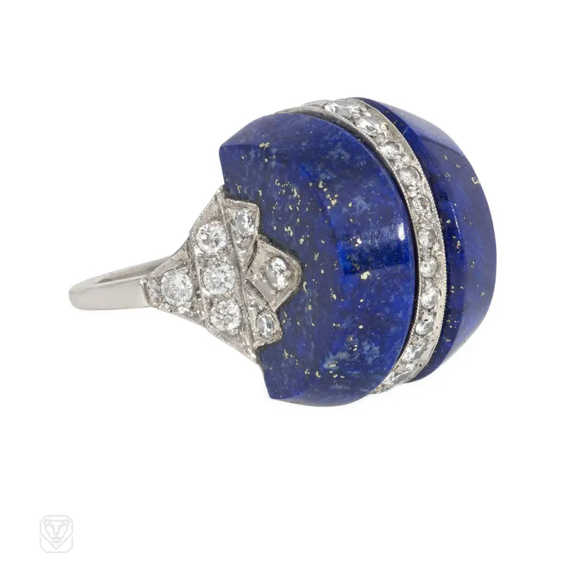 Art Deco Carved Lapis Diamond And Platinum Ring