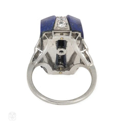 Art Deco carved lapis, diamond, and platinum ring