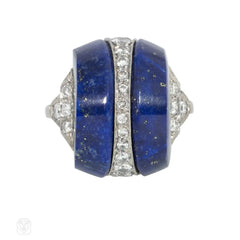 Art Deco carved lapis, diamond, and platinum ring