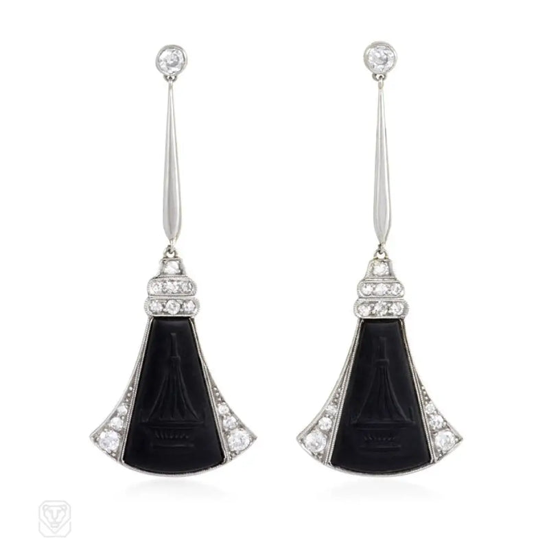 Art Deco Carved Onyx And Diamond Earrings