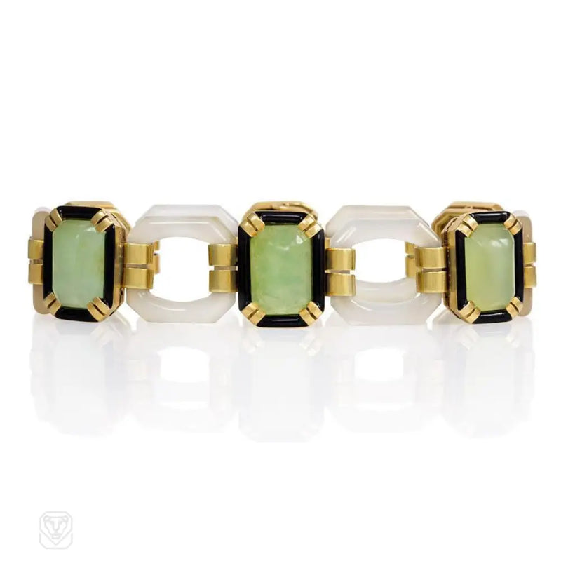 Art Deco Chalcedony Chrysoprase And Enamel Bracelet