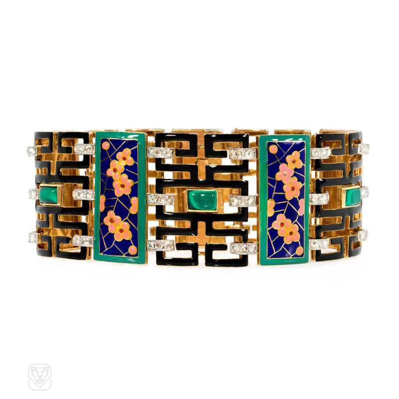 Art Deco Chinoiserie Enamel Diamond And Malachite Bracelet