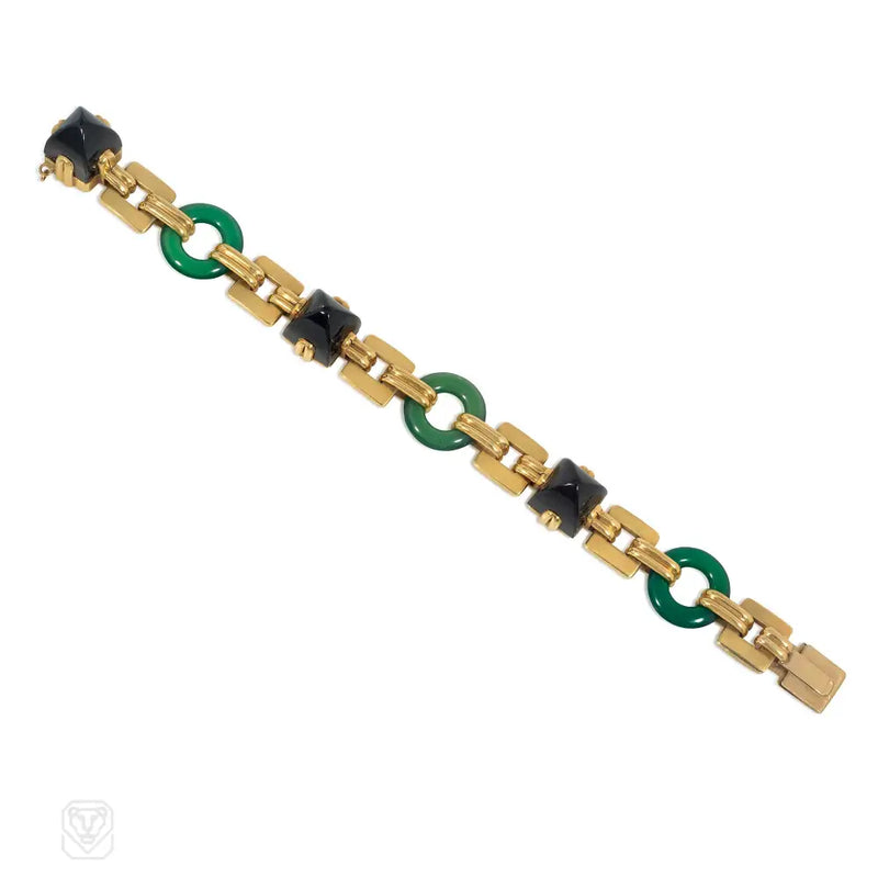 Art Deco Chrysoprase Onyx And Gold Bracelet
