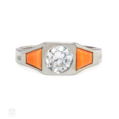 Art Deco coral and diamond ring, France