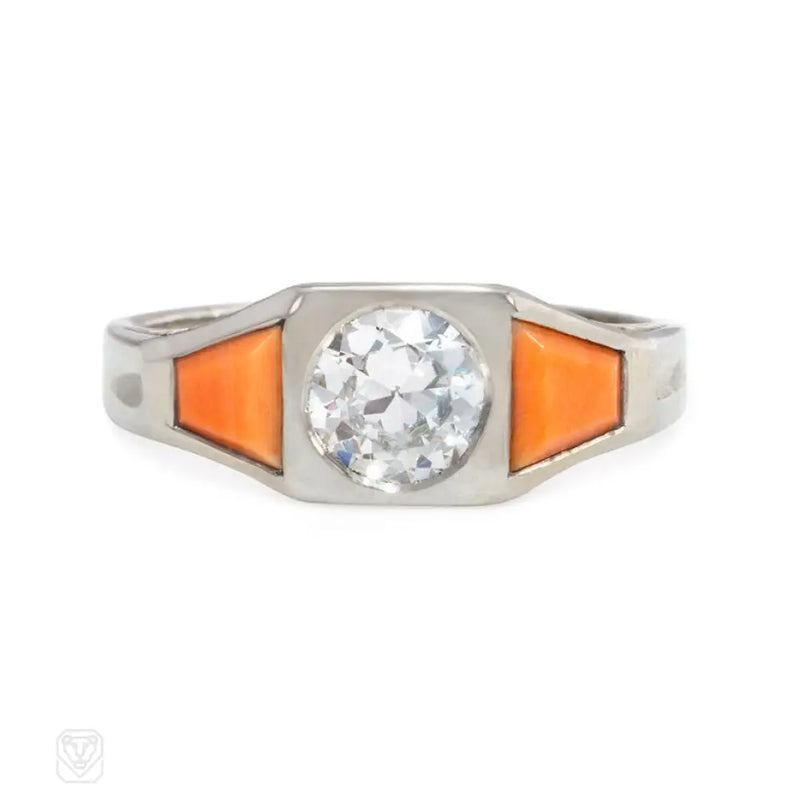 Art Deco Coral And Diamond Ring France