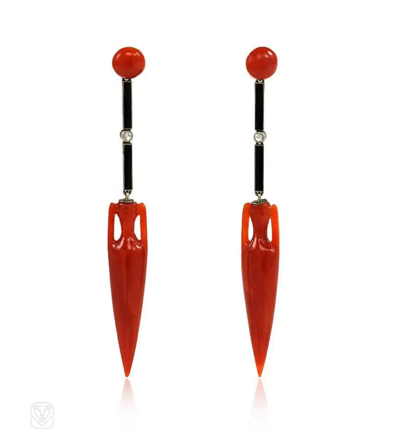 Art Deco Coral Onyx And Diamond Earrings